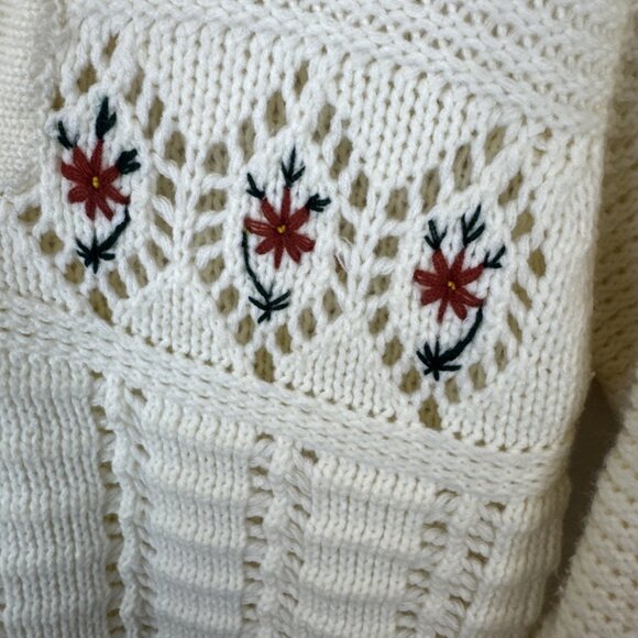 Vintage Hand Knit Floral Nordic Sweater Women’s L Fits S/M Cream Crochet - Picture 5 of 7